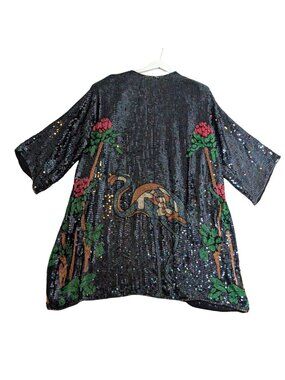 Vintage Black Sequin Kimono Floral & Flamingo Beaded Embroidery Open Front One S
